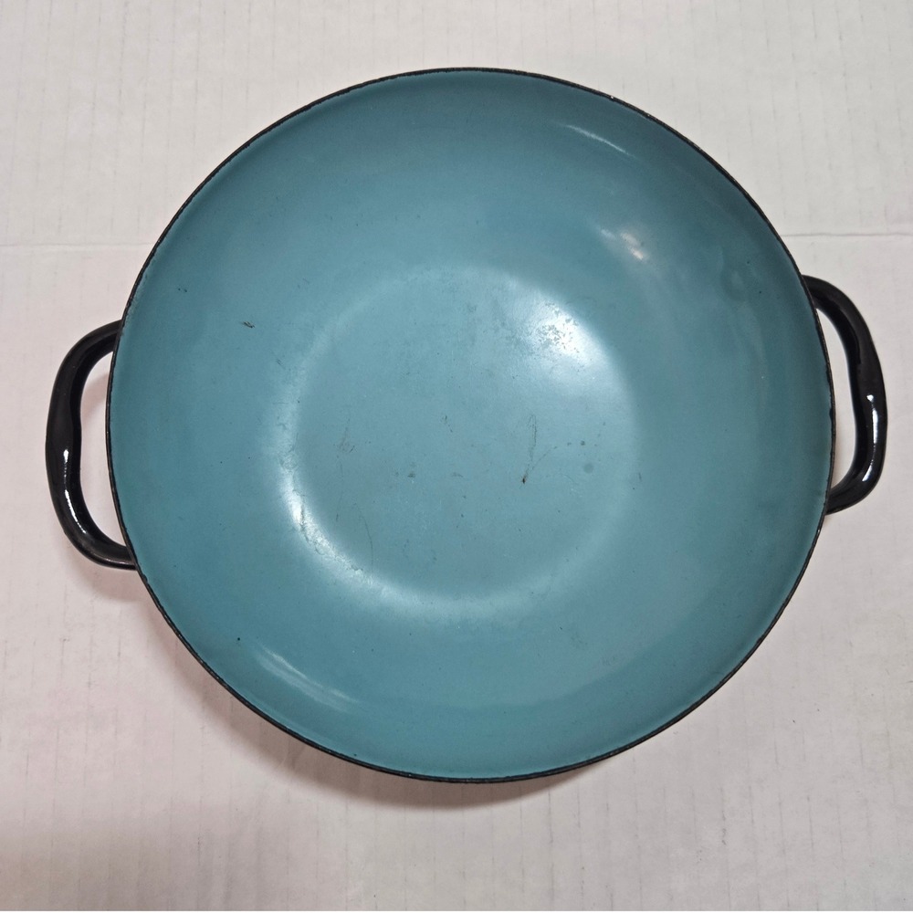 Vintage D DeMarco Sizzling Server Enamel Pan Turquoise‎ Blue Italy MCM 7.5 in